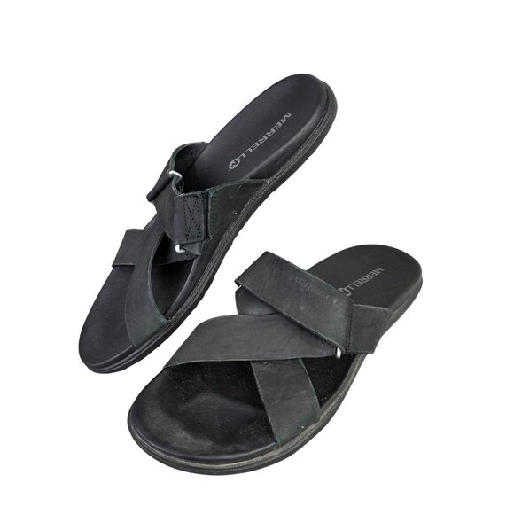 Womens Merrell Black Leather Slide Sandals With Cross Strap Design Size 8 - Picture 1 of 9